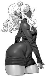 Rule 34 | 1girl, alternate hairstyle, breasts, curvy, dark-skinned female, dark skin, dress, elf-san wa yaserarenai., greyscale, highres, kuroeda (elf-san wa yaserarenai.), long hair, looking at viewer, mask, mole, mole under eye, monochrome, mouth mask, nail polish, parted lips, pointy ears, simple background, small breasts, solo, synecdoche, thick thighs, thighs, turtleneck, turtleneck dress, twintails, white background, wide hips