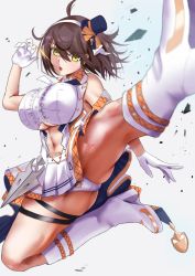 Rule 34 | 1girl, :o, ahoge, araimooah, arm strap, ass, azur lane, baltimore (azur lane), baltimore (muse) (azur lane), bare shoulders, boots, bow, braid, breasts, brown hair, buckle, center frills, center opening, character print, clothing cutout, commentary request, debris, floating, floating hair, flying kick, foreshortening, french braid, frills, full body, gloves, hair between eyes, hand up, hat, headset, heart, heart-shaped buckle, high heel boots, high heels, idol, kicking, knee boots, large breasts, leg tattoo, looking at viewer, manjuu (azur lane), mini hat, miniskirt, navel, navel cutout, orange bow, outstretched leg, panties, pantyshot, partial commentary, pleated skirt, print panties, shirt, short hair, sidelocks, simple background, skindentation, skirt, sleeveless, sleeveless shirt, solo, stomach cutout, tattoo, thigh strap, underboob, underboob cutout, underwear, white background, white footwear, white gloves, white panties, white shirt, white skirt, yellow eyes