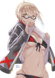 Rule 34 | 1girl, ahoge, artoria pendragon (fate), bikini, bikini under clothes, black-framed eyewear, black ribbon, blonde hair, blush, braid, breasts, brown eyes, closed mouth, clothes lift, commentary request, dated, def (chronowarld), fate/grand order, fate (series), front-tie bikini top, front-tie top, glasses, groin, highres, jacket, lifting own clothes, long sleeves, looking at viewer, lowleg, lowleg bikini, medium breasts, multicolored jacket, mysterious heroine x alter (fate), navel, open clothes, open jacket, ribbon, semi-rimless eyewear, shirt lift, short hair with long locks, sidelocks, signature, simple background, solo, stomach, swimsuit, two-tone bow, two-tone jacket, under-rim eyewear, underboob, white background