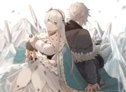 Rule 34 | 1boy, 1girl, anastasia (fate), back-to-back, blue eyes, cleavage cutout, cloak, clothing cutout, command spell, dress, fate/grand order, fate (series), fur trim, grey hair, hairband, highres, ice, jacket, jewelry, kadoc zemlupus, long hair, necklace, serisawa, short hair, sitting, stuffed toy