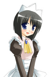 Rule 34 | 00s, 1girl, :d, apron, black hair, blue eyes, blush, brooch, gem, hairband, jewelry, long sleeves, maid, maid apron, maid headdress, open mouth, own hands together, short hair, siesta (zero no tsukaima), simple background, smile, solo, upper body, v arms, white background, white water, zero no tsukaima