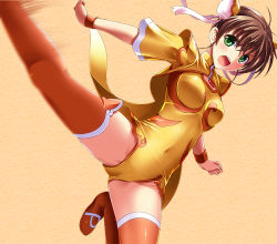 Rule 34 | &gt;:o, 1girl, :o, antenna hair, attack, blush, boots, breasts, brown hair, bun cover, chinese clothes, clenched hands, covered navel, digdug006, double bun, flying kick, green eyes, hair between eyes, hair bun, kanamori reiko, kicking, leotard, looking at viewer, open mouth, orange background, orange thighhighs, ribbon, short hair, simple background, solo, spread legs, thigh boots, thighhighs, turtleneck, v-shaped eyebrows, wrestle angels, wrestle angels survivor, wrestling, wrestling outfit, wristband, zipper