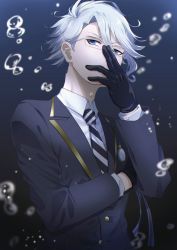 Rule 34 | 1boy, absurdres, air bubble, azul ashengrotto, black gloves, black jacket, black necktie, bubble, collared shirt, commentary request, glasses, gloves, hand on own face, highres, jacket, kinaco 4738, layered sleeves, long sleeves, looking at viewer, male focus, necktie, shirt, silver hair, solo, striped necktie, striped neckwear, twisted wonderland, upper body, white necktie, white shirt