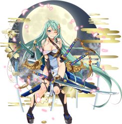 Rule 34 | 1girl, absurdly long hair, ahoge, black gloves, black thighhighs, blue eyes, blush, breasts, cleavage, earrings, elbow gloves, full body, gloves, green hair, heart, heart earrings, holding, holding sword, holding weapon, jewelry, large breasts, long hair, looking at viewer, murakami yuichi, official art, one eye closed, oshiro project:re, oshiro project:re, platform footwear, sheath, sheathed, smile, solo, sword, thighhighs, tokugawa osaka (oshiro project), torn clothes, torn thighhighs, transparent background, very long hair, weapon
