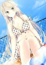 Rule 34 | 1girl, absurdres, ball, benio (dontsugel), bikini, breasts, cleavage, food, green eyes, highres, ice cream, large breasts, long hair, mouth hold, nmaaaaa, original, polka dot, polka dot bikini, polka dot swimsuit, popsicle, sitting, solo, swimsuit, water, white hair