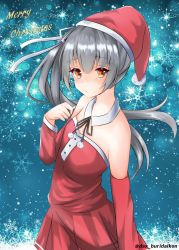 Rule 34 | black ribbon, blue background, blush, brown eyes, closed mouth, collar, commentary request, dakkusu, detached collar, detached sleeves, dress, floating hair, grey hair, hair between eyes, hat, highres, kantai collection, kasumi (kancolle), long hair, long sleeves, looking at viewer, merry christmas, neck ribbon, red dress, red sleeves, ribbon, santa costume, santa hat, side ponytail, snowflake background, solo, strapless, strapless dress, twitter username, very long hair, white collar