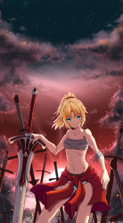 Rule 34 | 1girl, absurdres, aqua eyes, blonde hair, breasts, chest sarashi, clarent (fate), clothes around waist, cloud, collarbone, fate/apocrypha, fate (series), hair ornament, hair scrunchie, high ponytail, highres, long hair, looking at viewer, midriff, mordred (fate), mordred (fate/apocrypha), navel, outdoors, red scrunchie, sarashi, scrunchie, short shorts, shorts, sky, small breasts, solo, standing, star (sky), starry sky, stomach, sunset, sword, torn clothes, torn shorts, user wdpj4488, weapon