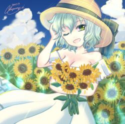 Rule 34 | 1girl, ;d, alternate costume, asayanagi, bare shoulders, blue sky, breasts, brown headwear, cleavage, cloud, commentary request, dated, dress, field, flower, flower field, green eyes, green hair, hand in own hair, large breasts, light rays, looking at viewer, one eye closed, open mouth, outdoors, short hair, signature, sky, smile, soga no tojiko, solo, sundress, sunflower, sunflower field, touhou, white dress