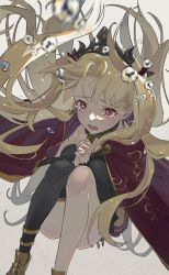 Rule 34 | 1girl, absurdres, bare legs, black thighhighs, blonde hair, blouse, bubble, cloak, crown, ereshkigal (fate), fate/grand order, fate (series), grey background, highres, holding hands, long hair, looking at viewer, open mouth, red eyes, ryuko lee, shirt, simple background, sitting, solo, tears, thighhighs, twintails