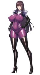Rule 34 | 1girl, bad id, bad pixiv id, black gloves, blush, bodysuit, boots, borrowed character, breasts, cameltoe, covered erect nipples, covered navel, curvy, elbow gloves, full body, gloves, hand on own hip, high heel boots, high heels, highres, impossible bodysuit, impossible clothes, kamori sayaka, large breasts, latex, latex bodysuit, latex boots, latex gloves, latex suit, long hair, original, plugsuit, puffy areolae, purple bodysuit, purple eyes, shiny clothes, simple background, skin tight, skindentation, solo, standing, thigh boots, thighhighs, thighs, white background, yi-li-si