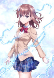 Rule 34 | 1girl, absurdres, blazer, bow, bowtie, breasts, brown eyes, brown hair, brown jacket, closed mouth, collared shirt, commentary request, cowboy shot, electricity, electrokinesis, flower, hair flower, hair ornament, highres, jacket, long sleeves, looking at viewer, medium breasts, medium hair, misaka mikoto, prime (cameron), psychic, red bow, red bowtie, school uniform, shirt, smile, solo, standing, toaru kagaku no railgun, toaru majutsu no index, tokiwadai school uniform, white shirt, winter uniform