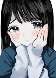 Rule 34 | 1girl, :i, asymmetrical bangs, black hair, blue shirt, blunt bangs, blush, closed mouth, commentary, hands on own cheeks, hands on own face, hands up, highres, long hair, long sleeves, looking at viewer, original, shirt, simple background, solo, straight hair, upper body, urokogaran, white background