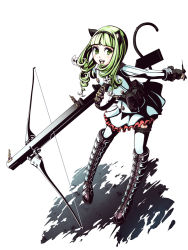 Rule 34 | 1girl, animal ears, bow (weapon), cat ears, cat tail, crossbow, flower, gloves, green eyes, green hair, hairband, looking up, matching hair/eyes, mugen no fantasia, solo, tail, thighhighs, torigoe takumi, weapon