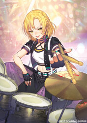 Rule 34 | 1girl, bang dream!, belt, black gloves, black jacket, black skirt, blonde hair, collarbone, commentary request, crop top, cropped jacket, drum, drum set, drumsticks, earrings, fingerless gloves, gloves, holding, holding drumsticks, instrument, jacket, jewelry, kamui natsuki, long skirt, looking at viewer, medium hair, midriff, multicolored nails, navel, official art, open clothes, open jacket, open mouth, parted bangs, partial commentary, sato masuki, shirt, sidelocks, sitting, skirt, solo, white belt, white shirt, yellow eyes
