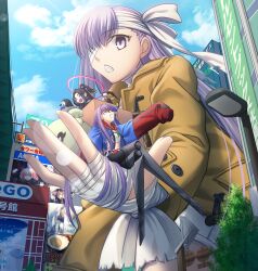 Rule 34 | 1boy, 2girls, bandage over one eye, bandaged arm, bandages, bird, black hair, blue bow, blue bowtie, blue eyes, bow, bowtie, brown coat, city, coat, crossed legs, fate/grand order, fate (series), giant, giantess, hair rings, halo, highres, kingprotea (fate), lamppost, long hair, meltryllis (fate), meltryllis (tour outfit) (fate), midriff, multiple girls, penguin, prosthesis, prosthetic leg, purple eyes, purple hair, shoori (migiha), sleeves past fingers, sleeves past wrists, taisui xingjun (fate), very long hair