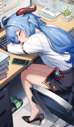 Rule 34 | 1girl, absurdres, ahoge, alternate costume, arm rest, bare legs, barefoot, blue hair, blue soles, book, book stack, cellphone, chair, closed eyes, computer, desk, error message, ganyu (genshin impact), genshin impact, goat horns, head rest, high heels, highres, horns, incoming call, keyboard (computer), low ponytail, monitor, no-ba, office chair, office lady, patent heels, pencil skirt, phone, plant, potted plant, pumps, qingxin flower, sandals, shirt, shirt tucked in, shoes, sitting, skirt, sleeping, sleeping on desk, smartphone, solo, sticky note, stiletto heels, swivel chair, thighs, tile floor, tiles, tiptoes, vision (genshin impact), white shirt