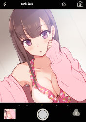 Rule 34 | 1girl, blush, breasts, brown hair, cardigan, character request, cleavage, closed mouth, collarbone, copyright request, dutch angle, large breasts, long hair, looking at viewer, open cardigan, open clothes, purple eyes, selfie, shade, sidelocks, sleeves past wrists, solo, tanaka (colorcorn), upper body, viewfinder