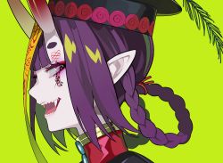 Rule 34 | 1girl, :d, black hat, blush, braid, braided hair rings, commentary request, facial hair, fangs, fate/grand order, fate (series), from side, green background, green hair, hair rings, hat, horns, jiangshi, lam (ramdayo), looking at viewer, looking to the side, multicolored hair, ofuda, oni, open mouth, portrait, purple eyes, purple hair, qingdai guanmao, sharp teeth, short eyebrows, shuten douji (fate), simple background, skin-covered horns, smile, solo, teeth, thick eyebrows, two-tone hair