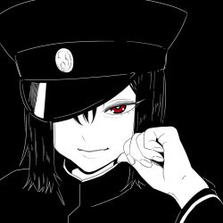 Rule 34 | 10s, 1girl, akitsu maru (kancolle), black background, black hair, black hat, black theme, commentary request, female focus, hair between eyes, hand on own cheek, hand on own face, hat, hat over one eye, highres, kantai collection, limited palette, looking at viewer, military, military hat, military uniform, monochrome, peaked cap, red eyes, school uniform, short hair, sidelocks, smile, solo, spot color, tocky, uniform, upper body