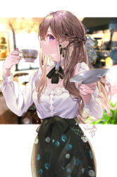 Rule 34 | 1girl, black skirt, blush, braid, breasts, brown hair, commentary request, cup, hair between eyes, hands up, highres, holding, holding cup, holding saucer, long hair, long sleeves, original, puffy long sleeves, puffy sleeves, puracotte, purple eyes, saucer, shirt, skirt, small breasts, solo, teacup, very long hair, white shirt