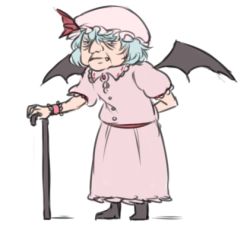 Rule 34 | 1girl, aged up, arm behind back, bat wings, cane, dress, fang, fang out, full body, hat, lowres, mefomefo, mob cap, old, old woman, pink hat, remilia scarlet, short hair, solo, touhou, wings