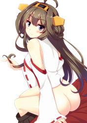 Rule 34 | 10s, 1girl, ahoge, ass, bad id, bad pixiv id, bare shoulders, bottomless, brown hair, clothes pull, detached sleeves, double bun, hair ornament, hairband, headgear, japanese clothes, kantai collection, kongou (kancolle), long hair, looking back, no panties, nontraditional miko, personification, playing with own hair, ribbon-trimmed sleeves, ribbon trim, rin ateria, sitting, skirt, skirt pull, solo, white background