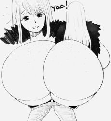 Rule 34 | 1girl, absurdres, ass, ass focus, breasts, clothes pull, freckles, freckles on ass, hatarakanai futari, highres, huge ass, huge breasts, jacket, long hair, monochrome, pants, pants pull, sideboob, sketch, smile, solo, thanuki, thick thighs, thighs