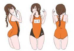 Rule 34 | 1girl, ass, cropped jacket, flat chest, from behind, kantai collection, looking at viewer, looking to the side, multiple views, name tag, new school swimsuit, one-piece swimsuit, orange one-piece swimsuit, school swimsuit, simple background, souya (kancolle), swimsuit, tamu (mad works), white background