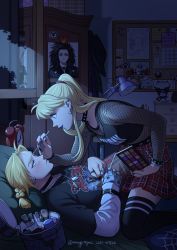Rule 34 | 1boy, 1girl, absurdres, applying makeup, bedroom, belt collar, black nails, black shirt, black thighhighs, blonde hair, blue eyes, blue lips, blush, bracelet, braid, breasts, chain, checkered clothes, checkered skirt, choker, clock, collar, cross, cross earrings, desk lamp, dio (band), ear piercing, earrings, edward elric, eye contact, eyeshadow, fishnets, fullmetal alchemist, girl on top, half-closed eyes, highres, indoors, inverted cross earrings, jewelry, lamp, lesbians doing makeup (meme), lipstick, long hair, looking at another, lying, makeup, marycrispies, mechanical hands, medium breasts, metallica, nail polish, necklace, on back, photo-referenced, photo (object), piercing, pleated skirt, ponytail, purple lips, red nails, ring, shirt, single mechanical hand, skirt, spiked bracelet, spiked choker, spiked collar, spikes, straddling, sweatdrop, thighhighs, window, winry rockbell, yellow eyes