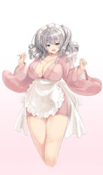 Rule 34 | 10s, 1girl, :d, alternate costume, apron, blue eyes, blush, breasts, cleavage, collarbone, cowboy shot, enmaided, highres, japanese clothes, kantai collection, kashima (kancolle), kimono, kiyama satoshi, large breasts, long sleeves, looking at viewer, maid, maid headdress, open mouth, short kimono, silver hair, smile, solo, twintails, wa maid, waist apron, wavy hair, wide sleeves