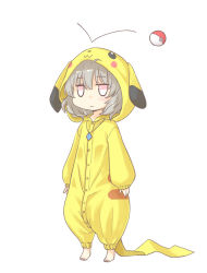 Rule 34 | 1girl, :&lt;, animal costume, barefoot, blush, character hood, chibi, commentary request, cosplay, costume, creatures (company), game freak, gen 1 pokemon, grey eyes, grey hair, highres, hood, jewelry, looking at viewer, naegi (naegidokoro), nazrin, nintendo, pendant, pikachu, pikachu (cosplay), poke ball, pokemon, pokemon go, simple background, solid circle eyes, solo, tail, touhou