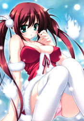 Rule 34 | 1girl, absurdres, airi (queen&#039;s blade), arm support, babydoll, blue eyes, blush, breasts, christmas, cleavage, covered erect nipples, female focus, highres, large breasts, nipples, official art, panties, queen&#039;s blade, red hair, solo, thighhighs, thighs, twintails, underwear