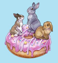 Rule 34 | animal, doughnut, food, icing, blue background, lop rabbit ears, no humans, original, pink doughnut, rabbit, rabbit ears, simple background, star (symbol), sushiartstudio