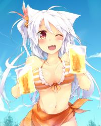 Rule 34 | 1girl, ;d, alcohol, beer, bikini, blush, breasts, cloud, cup, day, fang, gradient background, long hair, looking at viewer, medium breasts, mug, navel, one eye closed, open mouth, orange bikini, original, rinrin (927413), sarong, sky, smile, solo, swimsuit, very long hair, white hair