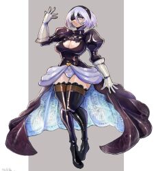 Rule 34 | 1girl, 2b (nier:automata), alternate costume, black dress, black footwear, blue eyes, boots, breasts, cleavage, cleavage cutout, clothing cutout, dress, full body, gloves, highres, large breasts, leotard, long sleeves, looking up, mole, mole under mouth, nier:automata, nier (series), oomasa teikoku, solo, thigh boots, white gloves, white hair, white leotard
