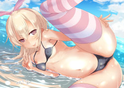 Rule 34 | 1girl, bikini, black bikini, black hairband, blonde hair, blush, breasts, brown eyes, cameltoe, cleft of venus, cloud, commentary request, covered erect nipples, dated, day, fyuo, hair between eyes, hairband, highleg, highleg bikini, highres, kantai collection, leg up, long hair, looking at viewer, lying, on side, outdoors, shimakaze (kancolle), signature, sky, small breasts, solo, striped clothes, striped thighhighs, swimsuit, thighhighs, tongue, tongue out, w, water