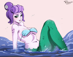 Rule 34 | 1girl, absurdres, bare shoulders, breasts, cala maria (cuphead), cleavage, colored skin, cuphead (game), giant, giantess, half-closed eyes, highres, lips, makeup, mascara, mermaid, mina cream, monster girl, navel, ocean, parted lips, partially submerged, purple hair, shell, shell bikini, sitting, sky, smile, solo, stomach, water, white skin