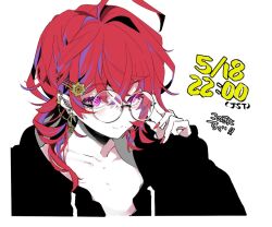 Rule 34 | 1girl, 90 sik, ahoge, bespectacled, black hoodie, closed mouth, colored eyelashes, colored skin, commentary, crossed bangs, dated, ear chain, fingernails, glasses, hair between eyes, hood, hood down, hoodie, indie virtual youtuber, kaiten-tsuzuri, long bangs, looking at viewer, medium hair, mole, mole under mouth, multicolored hair, pink eyes, purple hair, red hair, red nails, round eyewear, simple background, smile, solo, streaked hair, translation request, two-tone hair, upper body, virtual youtuber, white background, white skin