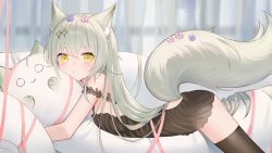 Rule 34 | 1girl, animal ear fluff, animal ears, bare shoulders, black dress, black thighhighs, cat-shaped pillow, closed mouth, commentary request, couch, dress, fox ears, fox girl, fox tail, grey hair, hair between eyes, highres, hugging object, on couch, ookamisama, original, pillow, pillow hug, pink ribbon, ribbon, short eyebrows, sleeveless, sleeveless dress, solo, tail, thick eyebrows, thighhighs, yellow eyes