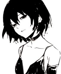 Rule 34 | . (kometto333), 1girl, arms at sides, bare shoulders, black choker, black dress, black eyes, black gloves, black hair, bob cut, breasts, choker, close-up, closed mouth, collarbone, commentary, dress, elbow gloves, empty eyes, eyelashes, gloves, greyscale, hair between eyes, head tilt, highres, monochrome, monogatari (series), narrowed eyes, oshino ougi, plunging neckline, portrait, short hair, simple background, sketch, small breasts, solo, white background