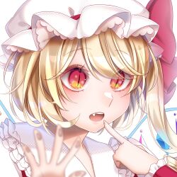 Rule 34 | 1girl, ascot, blonde hair, crystal wings, fang, flandre scarlet, frills, hat, hat ribbon, kurumi407, mob cap, open mouth, pointing, pointing at viewer, red eyes, red ribbon, ribbon, side ponytail, slit pupils, touhou, upper body