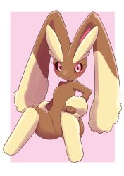Rule 34 | 1girl, arm at side, black sclera, blush, body fur, border, brown fur, closed mouth, colored sclera, creatures (company), female focus, flat chest, full body, furry, furry female, game freak, gen 4 pokemon, hand on own knee, happy, knees up, long ears, looking at viewer, lopunny, nintendo, outside border, pink background, pokemon, pokemon (creature), rabbit ears, rabbit girl, red eyes, simple background, sitting, smile, solo, split mouth, two-tone fur, uno usaya, white border, yellow fur