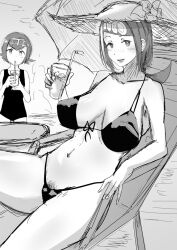 Rule 34 | 2girls, beach, bikini, blush, breasts, chair, creatures (company), drinking, drinking straw, female pubic hair, freckles, game freak, greyscale, hat, koucha osamu, lana&#039;s mother (pokemon), lana (pokemon), large breasts, looking at viewer, monochrome, mother and daughter, multiple girls, navel, nintendo, one-piece swimsuit, open mouth, outdoors, parasol, pokemon, pokemon (anime), pokemon sm (anime), pubic hair, pubic hair peek, sitting, smile, spread legs, sun hat, swimsuit, umbrella
