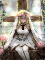 Rule 34 | 1girl, absurdres, blonde hair, breasts, cross, dress, flower, flower wreath, hair between eyes, highres, hololive, large breasts, long hair, looking at viewer, nanashi (nlo), plant, red eyes, shiranui flare, shiranui flare (1st costume), sitting, solo, thighhighs, veil, vines, virtual youtuber, white dress, white thighhighs