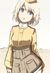 Rule 34 | 1girl, :o, bad id, bad twitter id, blonde hair, blue eyes, garrison cap, hat, long sleeves, looking at viewer, magryo763, military, military uniform, open mouth, raisa pottgen, short hair, solo, strike witches, uniform, witches of africa, world witches series