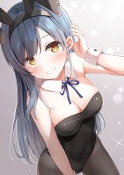 Rule 34 | 1girl, absurdres, animal ears, bare arms, bare shoulders, black leotard, blue hair, blue ribbon, blush, breasts, brown eyes, cleavage, covered navel, cowboy shot, detached collar, fake animal ears, gradient background, grey pantyhose, grin, groin, hairband, hand up, highres, karutamo, leotard, long hair, looking at viewer, medium breasts, neck ribbon, non-web source, original, pantyhose, playboy bunny, rabbit ears, ribbon, sidelocks, smile, solo, sparkle, teeth, very long hair, wrist cuffs