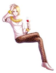 Rule 34 | 1boy, alcohol, blonde hair, chalice, cosplay, crossed legs, cup, fate/zero, fate (series), full body, gilgamesh (fate), gilgamesh (fate) (cosplay), highres, jewelry, kara no kyoukai, male focus, necklace, official alternate costume, pants, red eyes, rizen (rijernitz), shirazumi lio, shoes, short hair, simple background, skirt, smile, snakeskin print, solo, tight clothes, tight pants, trait connection, v-neck, white background, wine