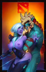 Rule 34 | 1boy, 1girl, arrow (projectile), bandages, bare shoulders, black gloves, black thighhighs, boots, bow (weapon), breasts, bush, clothing cutout, colored skin, defense of the ancients, deviantart username, dota (series), drow ranger (dota), elbow gloves, facial mark, fingerless gloves, fingernails, gem, gloves, green skin, hair between breasts, hairband, heart cutout, hetero, holding, holding weapon, horns, huskar (dota), implied sex, injury, large areolae, large breasts, legs together, logo, long hair, muscular, nipples, open mouth, orange eyes, outdoors, piercing, ponytail, purple eyes, purple skin, red hair, scar, shoulder pads, signature, smirk, spikes, sunset, tagovantor, thigh boots, thighhighs, tusks, watermark, weapon, web address, white hair