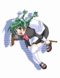 Rule 34 | 1girl, bent over, blush, braid, broom, character request, copyright request, fang, glasses, green hair, looking at viewer, maid, mary janes, open mouth, shadow, shoes, simple background, smile, solo, tagme, thighhighs, twin braids, white background, zettai ryouiki