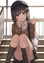 Rule 34 | 1girl, :d, bag, beanie, black hair, black hat, black skirt, black socks, blue eyes, blush, bow, brown sweater, collared shirt, commentary request, dress shirt, earbuds, earphones, feet out of frame, hair bow, hair ornament, hairclip, hat, head tilt, highres, holding, holding earphones, indoors, knees up, looking at viewer, open mouth, original, pleated skirt, railing, red bow, ruda (ruda e), school bag, school uniform, shirt, sitting, sitting on stairs, skirt, smile, socks, solo, stairs, sweater, waving, white shirt, window